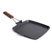 San Ignacio grillpan/koekenpan - anti aanbaklaag - houten handvat - 26 x 26 x 6 cm - zwart