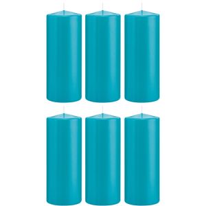 6x Turquoise blauwe cilinderkaarsen/stompkaarsen 8 x 20 cm 119 branduren