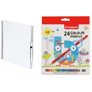 Schetsboek/tekenboek wit met 24 kleurpotloden   -
