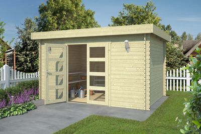 Outdoor Life Mikkel Blokhut 400x295 cm 28 mm vuren blank- Plat dak- Onbehandeld vurenhout- Outdoor Life