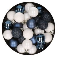 28x stuks kunststof kerstballen donkerblauw en wit mix 3 cm - thumbnail