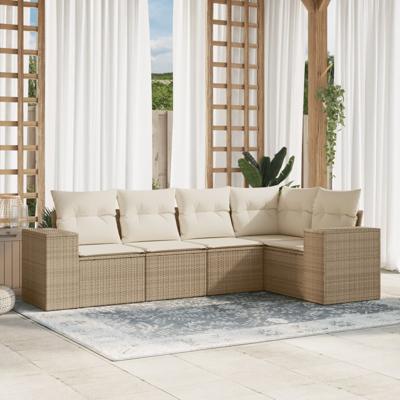 5-delige Loungeset met kussens poly rattan beige