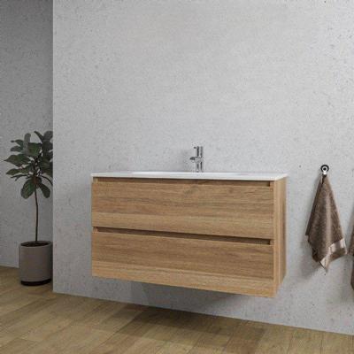 Adema Chaci Badkamermeubelset - 100x46x57cm - 1 keramische wasbak wit - 1 kraangat - 2 lades - eiken SW1212774/SW804532