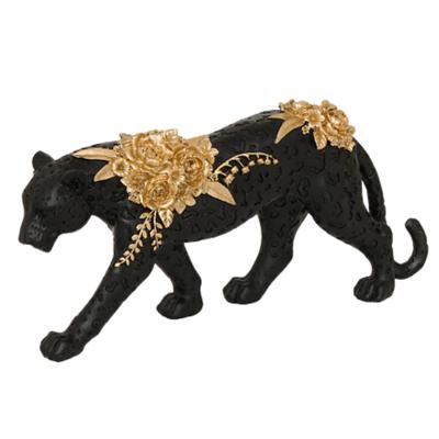 Beeldje Panter rozen - 40 cm - polyresin - zwart / goud - decoratie dieren beeld