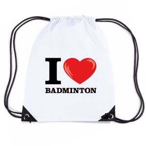 Nylon I love badminton rugzak wit met rijgkoord