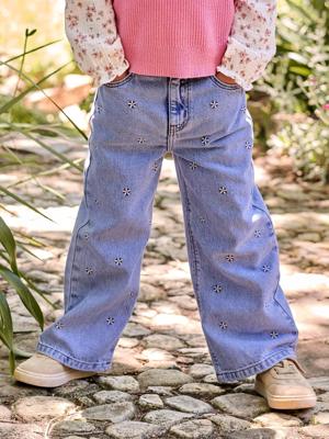 Wijde jeans voor meisjes Susan geborduurd gebleekt denim