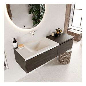 Mondiaz Bukla 140cm badmeubel met module 60 dark brown 2 lades met wastafel links zonder kraangat kleur talc
