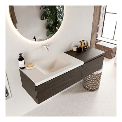Mondiaz Bukla 140cm badmeubel met module 60 dark brown 2 lades met wastafel links zonder kraangat kleur talc