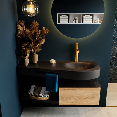 MONDIAZ RIVA 120cm badmeubel onderkast / planchet kleur Washed_Oak met 1 lade. Wastafel DULCET rechts 1 kraangat kleur Urban.