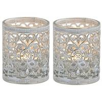 Windlicht theelicht/waxinelicht houder - 2x - zilver antiek - D6 x H7 cm