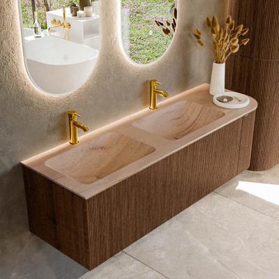 Badmeubel Mondiaz Kurve-Dlux | 145 cm | Meubelkleur Walnut | Wastafelkleur Saba | Solid surface | Dubbel / Links spoelbak | 2 kraangaten