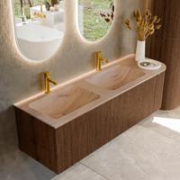 Badmeubel Mondiaz Kurve-Dlux | 145 cm | Meubelkleur Walnut | Wastafelkleur Saba | Solid surface | Dubbel / Links spoelbak | 2 kraangaten
