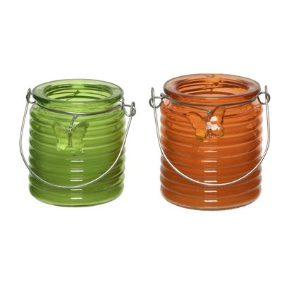 Citronella kaars - 2x - in windlicht - groen en oranje - 20 branduren - citrusgeur