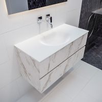 Mondiaz Vica Moon badmeubel wit carrara mat 100 cm 2 lades solid surface enkele spoelbak midden zonder kraangat