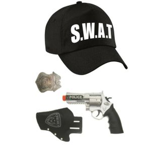 Politie/SWAT team verkleed cap/pet blauw met pistool/holster/badge voor kinderen