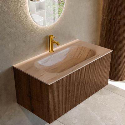 Badmeubel Mondiaz Kurve-Dlux | 90 cm | Meubelkleur Walnut | Wastafelkleur Saba | Solid surface | Wasbak midden spoelbak | 1 kraangat