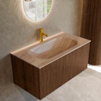 Badmeubel Mondiaz Kurve-Dlux | 90 cm | Meubelkleur Walnut | Wastafelkleur Saba | Solid surface | Wasbak midden spoelbak | 1 kraangat
