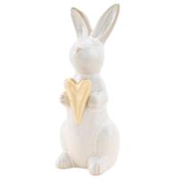 Decoratie beeld paashaas / konijn - gouden hart - wit - porselein - 15 cm - paasdecoratie