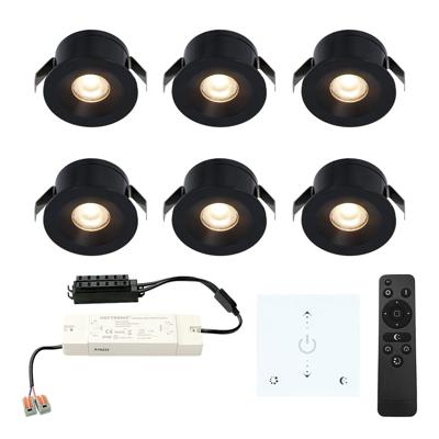 Set van 6 Cadiz LED Mini Inbouwspots met Trafo en Muurdimmer - 12 Volt 3 Watt 200 lumen - Dimbaar - Plat 26mm - 2700K - IP44 waterdicht - Zwart - Veranda Spotjes - Overkapping Spotjes