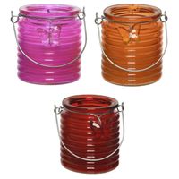 Citronella kaars - 3x - in windlicht - roze/oranje en rood - 20 branduren - citrusgeur - thumbnail