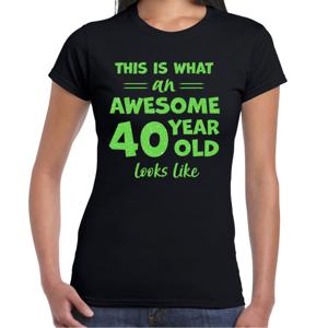 Verkleed T-shirt voor dames - leeftijd 40 jaar - awesome - zwart - glitter groen - Verjaardagsfeest