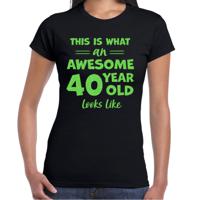 Verkleed T-shirt voor dames - leeftijd 40 jaar - awesome - zwart - glitter groen - Verjaardagsfeest - thumbnail