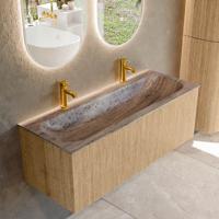 Badmeubel Mondiaz Kurve-Dlux | 120 cm | Meubelkleur Oak | Wastafelkleur Oza | Solid surface | Wasbak midden spoelbak | 2 kraangaten