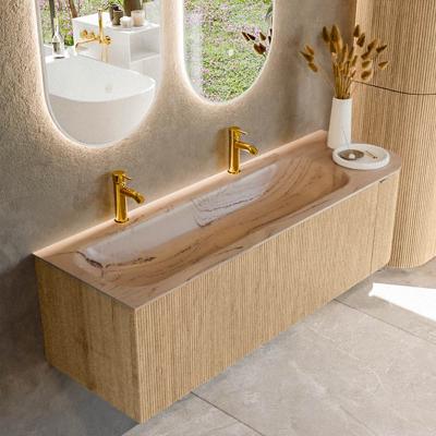Badmeubel Mondiaz Kurve-Dlux | 145 cm | Meubelkleur Oak | Wastafelkleur Arena | Solid surface | Wasbak linker zijde spoelbak | 2 kraangaten