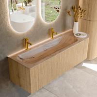 Badmeubel Mondiaz Kurve-Dlux | 145 cm | Meubelkleur Oak | Wastafelkleur Arena | Solid surface | Wasbak linker zijde spoelbak | 2 kraangaten