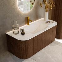 Badmeubel Mondiaz Kurve-Dlux | 110 cm | Meubelkleur Walnut | Wastafelkleur Ostra | Solid surface | Midden spoelbak | 1 kraangat