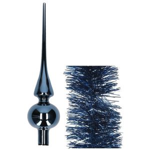 Kerstversiering glazen piek glans 26 cm en folieslingers pakket donkerblauw van 3x stuks