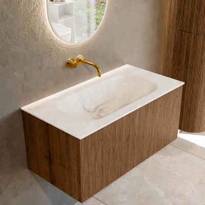 Mondiaz KURVE-DLUX 90 cm Onderkast Greeploos 1 Lade Zonder Deuren Walnut, Wastafel Solid Surface Midden Frappe 0 Kraangaten Zonder Spiegel (KRVBGS901L0D0KM-Wal/Fra)