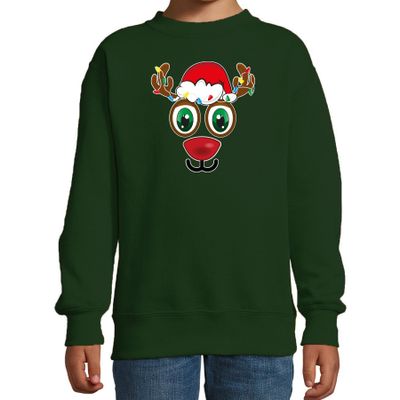Kersttrui/sweater voor kinderen - Rudolf gezicht - rendier - groen