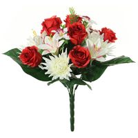 Kunstbloemen boeket roos/orchidee/chrysant - rood/wit - H36 cm - Bloemstuk - Bladgroen