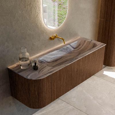Badmeubel Mondiaz Kurve-Dlux | 135 cm | Meubelkleur Walnut | Wastafelkleur Sombra | Solid surface | Wasbak rechter zijde spoelbak | Zonder kraangat(en)