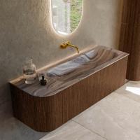Badmeubel Mondiaz Kurve-Dlux | 135 cm | Meubelkleur Walnut | Wastafelkleur Sombra | Solid surface | Wasbak rechter zijde spoelbak | Zonder kraangat(en)