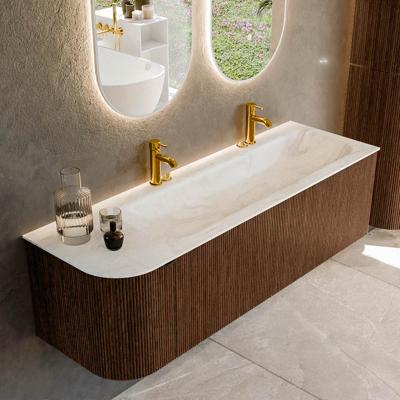 Badmeubel Mondiaz Kurve-Dlux | 145 cm | Meubelkleur Walnut | Wastafelkleur Ostra | Solid surface | Rechts spoelbak | 2 kraangaten