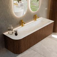 Badmeubel Mondiaz Kurve-Dlux | 145 cm | Meubelkleur Walnut | Wastafelkleur Ostra | Solid surface | Rechts spoelbak | 2 kraangaten Badmeubel Mondiaz Kurve-Dlux | 145 cm | Meubelkleur Walnut | Wastafelkleur Ostra | Solid surface | Rechts spoelbak | 2 kraangaten