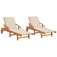 Ligstoelen 2 st met kussens massief acaciahout
