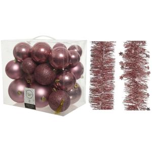 Kerstversiering kunststof kerstballen 6-8-10 cm met folieslingers pakket oud roze van 28x stuks