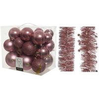 Kerstversiering kunststof kerstballen 6-8-10 cm met folieslingers pakket oud roze van 28x stuks - thumbnail