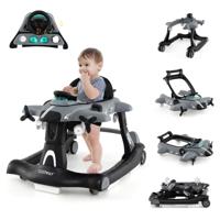 6-In-1 Loophulp Loopwagen met Verstelbare Hoogte en Snelheid Babywalker Vliegtuigmotief met Afneembaar Muziekdoosje-Grijs