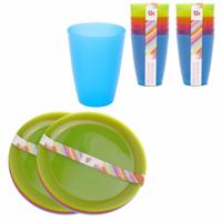 Servies Set - 12x gekleurde borden - 12x gekleurde bekers - kunststof - gekleurd kinder servies