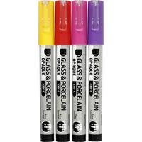 Creativ Company Glas- & porseleinstiften, lijndikte 1-2 mm, semi-dekkend, oranje, paars, lichtrood, geel, 4 stuk/ 1 doos