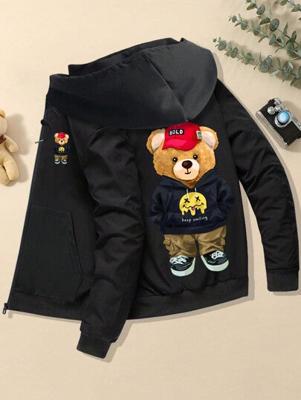 Bon&Bon Men's Teddy Bear Print Zipper Hoodie - Black Winter Jacket Black / XXL