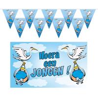 Geboorte baby jongen thema versiering - 3 artikelen - blauw - binnen - slingers - vlag