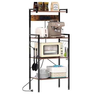 Keukenbakrek met Uitstroomopeningen Magnetronstandaard met 4 Lagen en 8 S-Vormige Haken Koffiebarstation voor Eetkamer Bruin