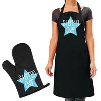 Cadeau schort en ovenwant voor dames - sterren chef - blauw - verjaardag - keukenprinses - thumbnail