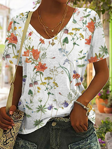 Casual V Neck Floral Loose T-Shirt