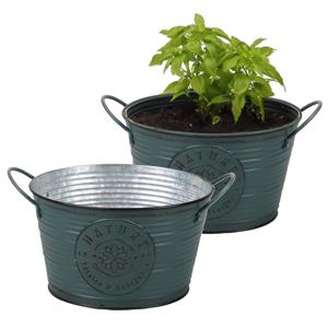 Plantenpot/bloempot teil voor buiten - 2x - zink - rond - petrolblauw - D22 x H12 cm